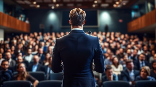 A male lecturer addresses an audience from the stage, focusing on public speaking dynamics.