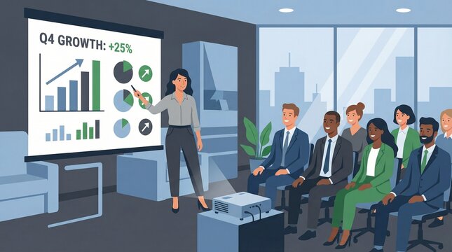 Businesswoman Presenting Q4 Growth Data to Diverse Team in Modern Office Meeting