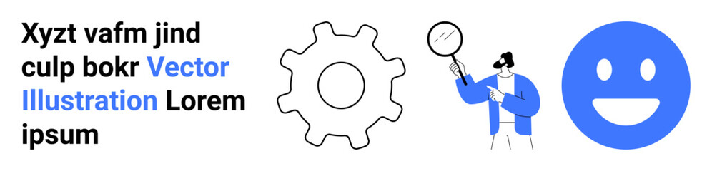 Obraz premium Problem-solving, technology, analysis, teamwork, innovation, positivity. Gear symbol, figure with magnifying glass happy face and text. Problem-solving and analysis