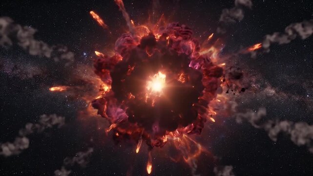 Fiery planet explosion shattering into rock fragment and debris in space