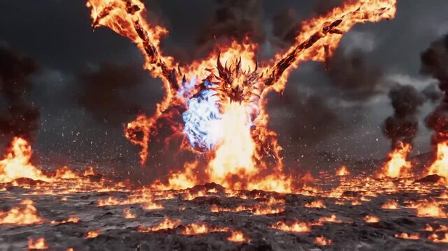 fiery dragon erupting from ground, fire, fantasy, epic