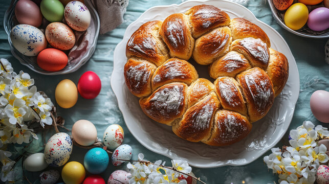 traditional greek easter bread tsoureki,colorful eggs on a festive spring table