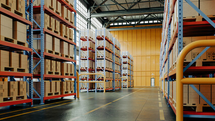 Obraz premium Large industrial warehouse interior with high shelves full of cardboard boxes and pallets, logistic concept- 3D rendering