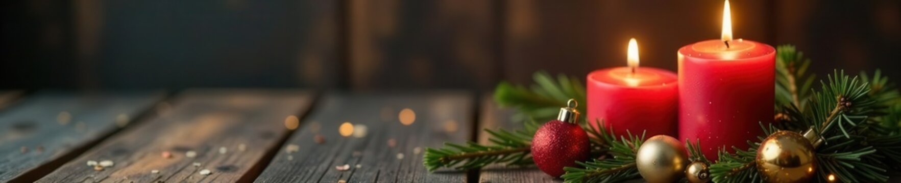 Golden ornaments & fourth advent candle on rustic wood , joy, holy