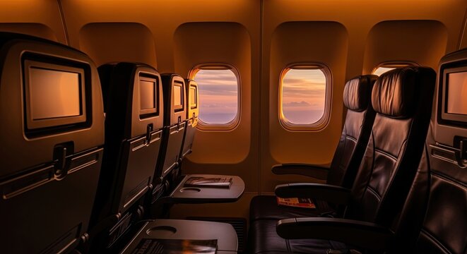 Airplane interior with illuminated windows & empty seats; sunset views