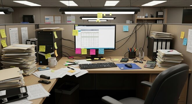 Messy workstation in an office with many papers, sticky notes, and a computer