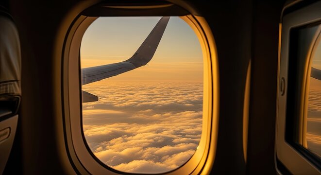 Plane window view of a wing and sunset over cloud cover