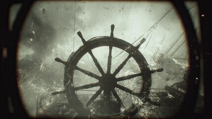 Vintage ship's wheel in a storm