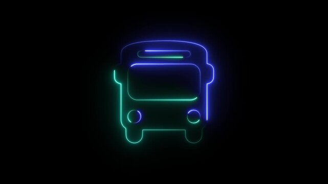 Neon minibus outline icon animation on black background. Glowing Bus motion. Road transport bus 4k video.