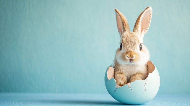 Adorable bunny emerging from a cracked easter egg on a soft blue background