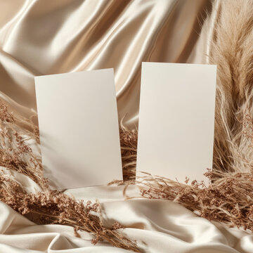 Two holiday, wedding blank cards on a beige background with dry pampas grass, beige silk fabric, and a boho aesthetic. Vertical card mockup template for wedding invitation, menu, branding design