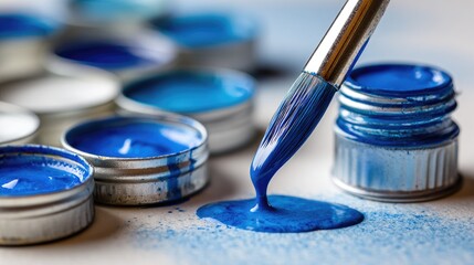 Close-up of blue paint, paintbrush, and containers