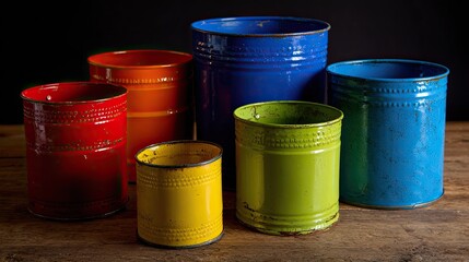 Colorful vintage metal containers on a wooden surface