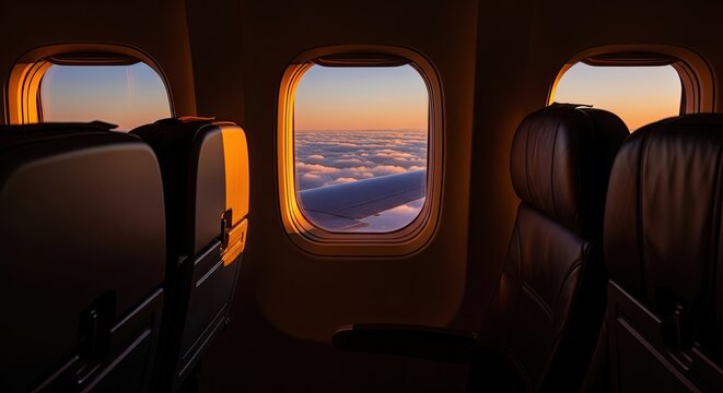 Interior view of airplane cabin with windows showing sunset sky