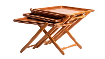 Stacked wooden trays on foldable tables