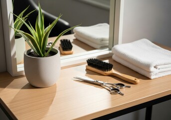 A bright, minimalist salon station in the morning light. Neatly organized: a single plant, a pair of shiny shears, a clean brush, and a folded towel on a light wood surface.