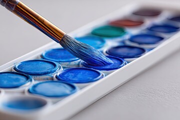 Watercolor paint palette with brush dipping in blue
