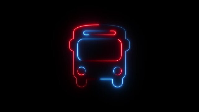 Neon minibus outline icon animation on black background. Glowing Bus motion. Road transport bus 4k video.