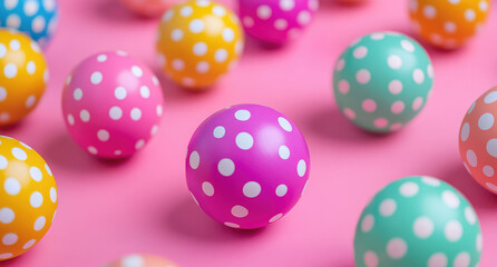 Colorful Spheres with Polka Dots on Pink Background, Perfect for Easter Decoration.