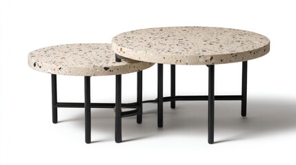 Two nesting circular coffee tables with beige terrazzo tops and black metal legs