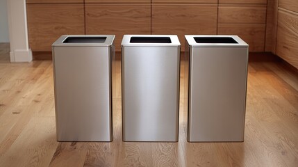 Three stainless steel waste bins on light wood floor
