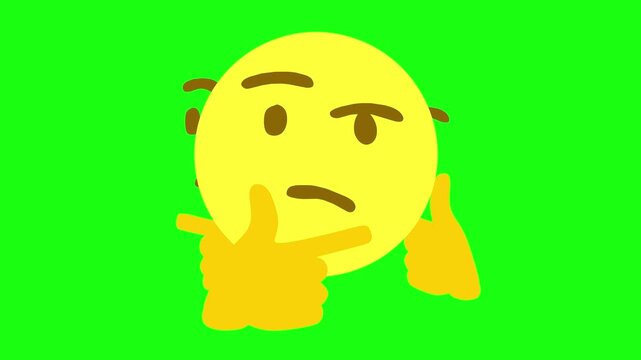 Vector illustration of a yellow thinking face emoji with a hand on its chin, expressing contemplation or doubt, set against a solid green background for chroma key use.