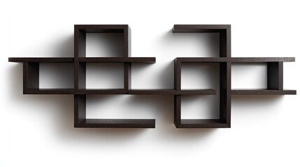 Dark brown, modern wall shelf with interconnected geometric shapes