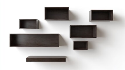 Dark wood wall shelves, various sizes, mounted