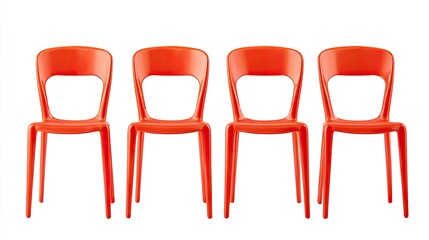 Four identical orange plastic chairs in a row
