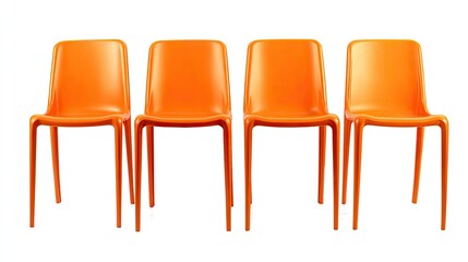Four bright orange plastic chairs in a row against a white background