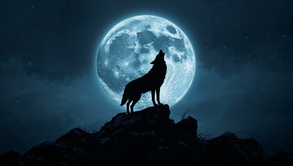 Lone wolf howling at full moon in dark night sky with stars