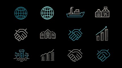 Set of 12 outline icons, global, business, and industry
