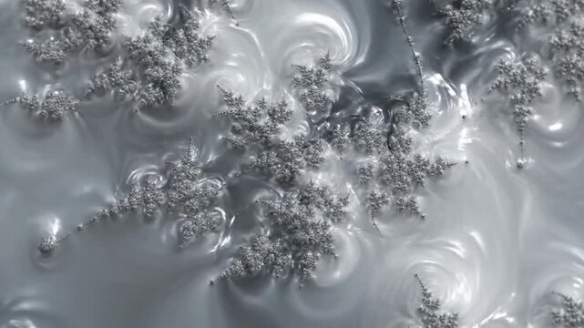 Abstract fractal snowflake patterns in swirling liquid metal, mesmerizing motion