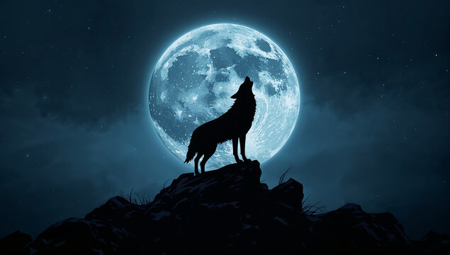 Lone wolf howling at full moon in dark night sky with stars