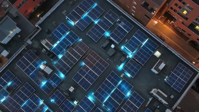 Aerial view of solar panels on a rooftop at night, generating renewable energy in an urban environment