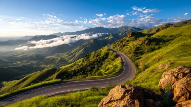 Scenic Mountain Road with Switchbacks Revealed Through Lifting Morning Fog at Dawn