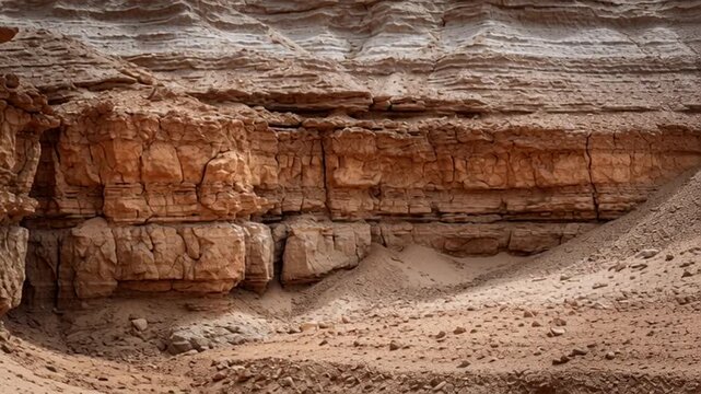 Desert Rock Formation with Eroded Layers and Sandy Terrain