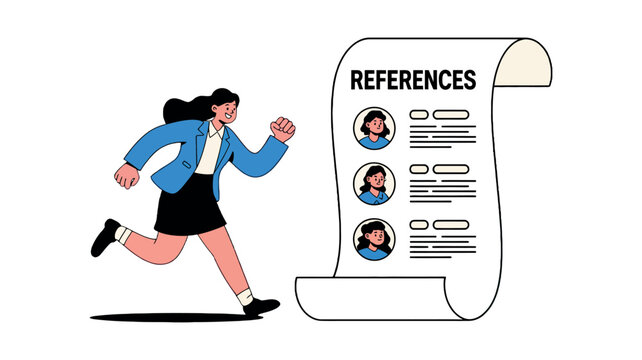 A young professional woman running towards a list of job references with a determined expression