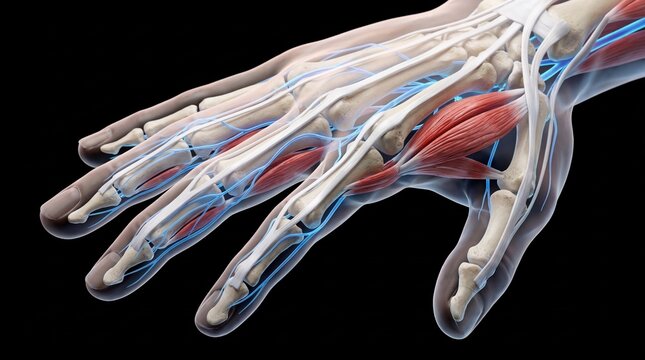 Detailed Medical Illustration of Human Hand Anatomy with Bones and Muscles