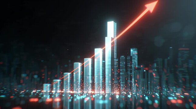Financial growth concept with 3D bar graph and rising arrow on dark background