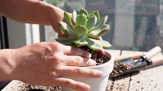 Close-up of hands gently potting a vibrant green succulent plant into a new white pot on a sunlit wooden surface, with gardening tools nearby.