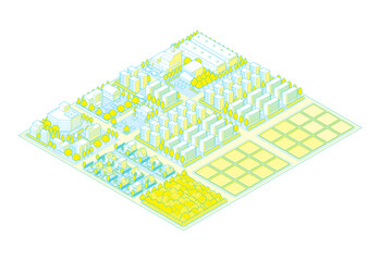 郊外の街並みのイラスト. アイソメ図で描いた都市.
