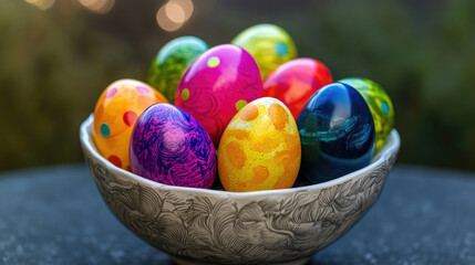 Fototapeta premium Vibrant easter eggs in decorative bowl for spring celebration and festive decor