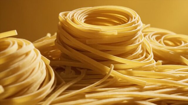 Close up of uncooked pasta nests on a warm background.