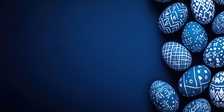 Blue Easter eggs with white patterns on a dark blue background, an Easter concept banner with a copy space area