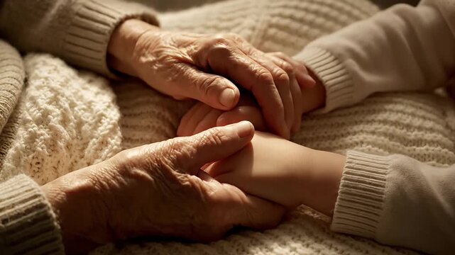 Generations connected through a gentle touch An elderly hand cradles a younger one, symbolizing love, care, and the passage of time in a tender moment of intergenerational bonding