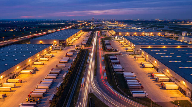 Aerial view of a logistics park with a loading hub at night. Semi-trailer trucks standing at warehouse ramps for loading and unloading goods at dusk. Blurred traces from cars