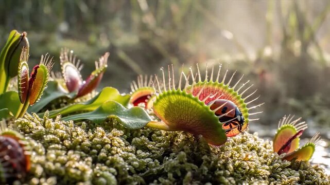 Close up of Venus flytrap plant with open jaws and insect inside.