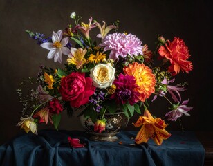 Obraz premium Still life of colorful flowers in a vase on a dark blue tablecloth, viewed from the front, with various blooms and foliage.