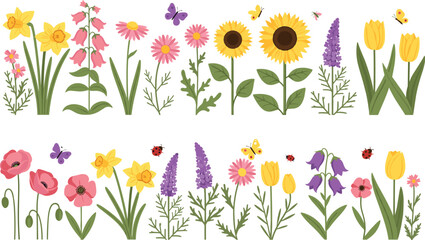 Colorful spring garden flowers and insects collection, flat vector illustration featuring sunflowers, tulips, poppies, daffodils, butterflies, and ladybugs on white. © Hello World